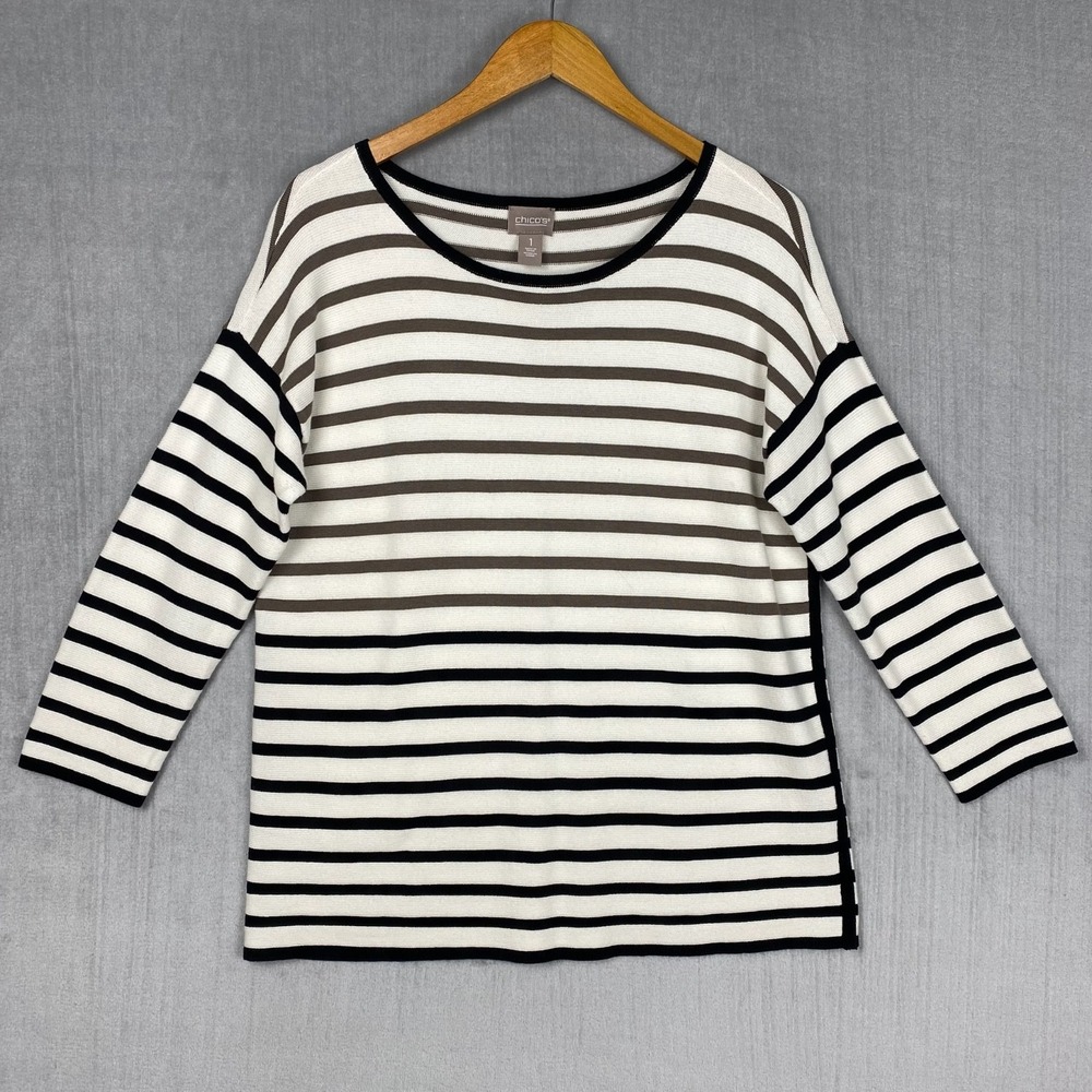 Chicos Sweater Womens 1/M Breton Stripe Long Sleeve Knit Pullover Preppy Coastal